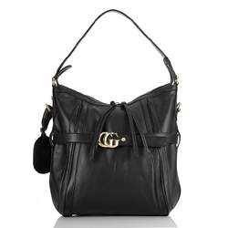 1:1 Gucci 247185 GG Running Medium Hobo Bags-Black Leather - Click Image to Close